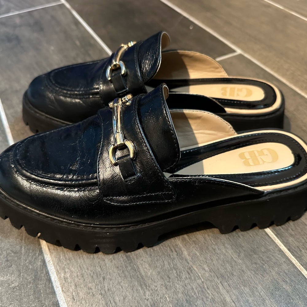 Gianni Bini Black Leather Mules with Gold Accent